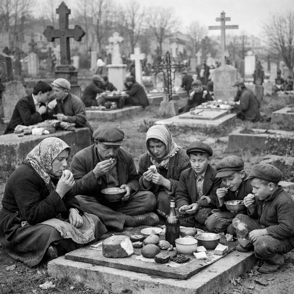 Family of six eating food sitting on a grave in a cemetery surrounded by tombstones